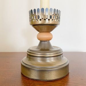 Brass & wood candlestick holder